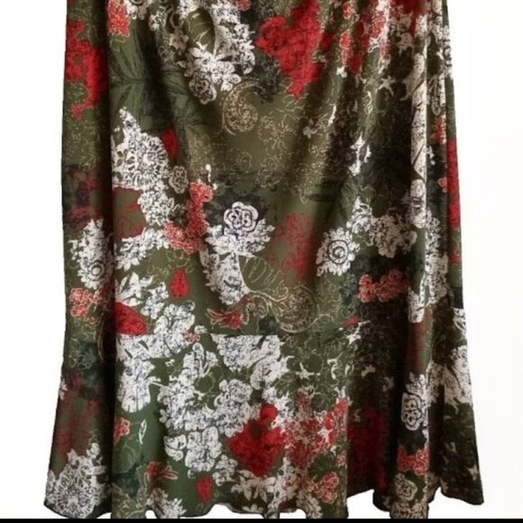 Vtg Women's Floral Midi Skirt Green Red White Boho Cottage core Flowy Sz L - Picture 2 of 7